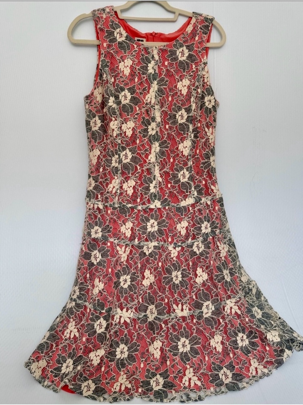 Anne Klein Red Midi Dress with Cream and Black Floral Lace